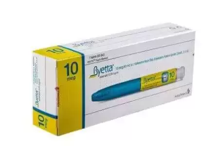 Byetta 10 mg Insulin group comes out of a drug for diabetics. Diabetes medications. Byetta 10 mg box. Diabetes disease.